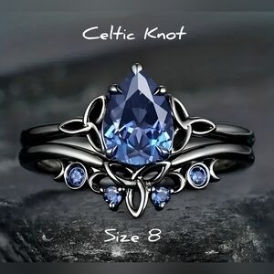Celtic Knot Midnight blue zircon ring, gunmetal, Assorted sizes